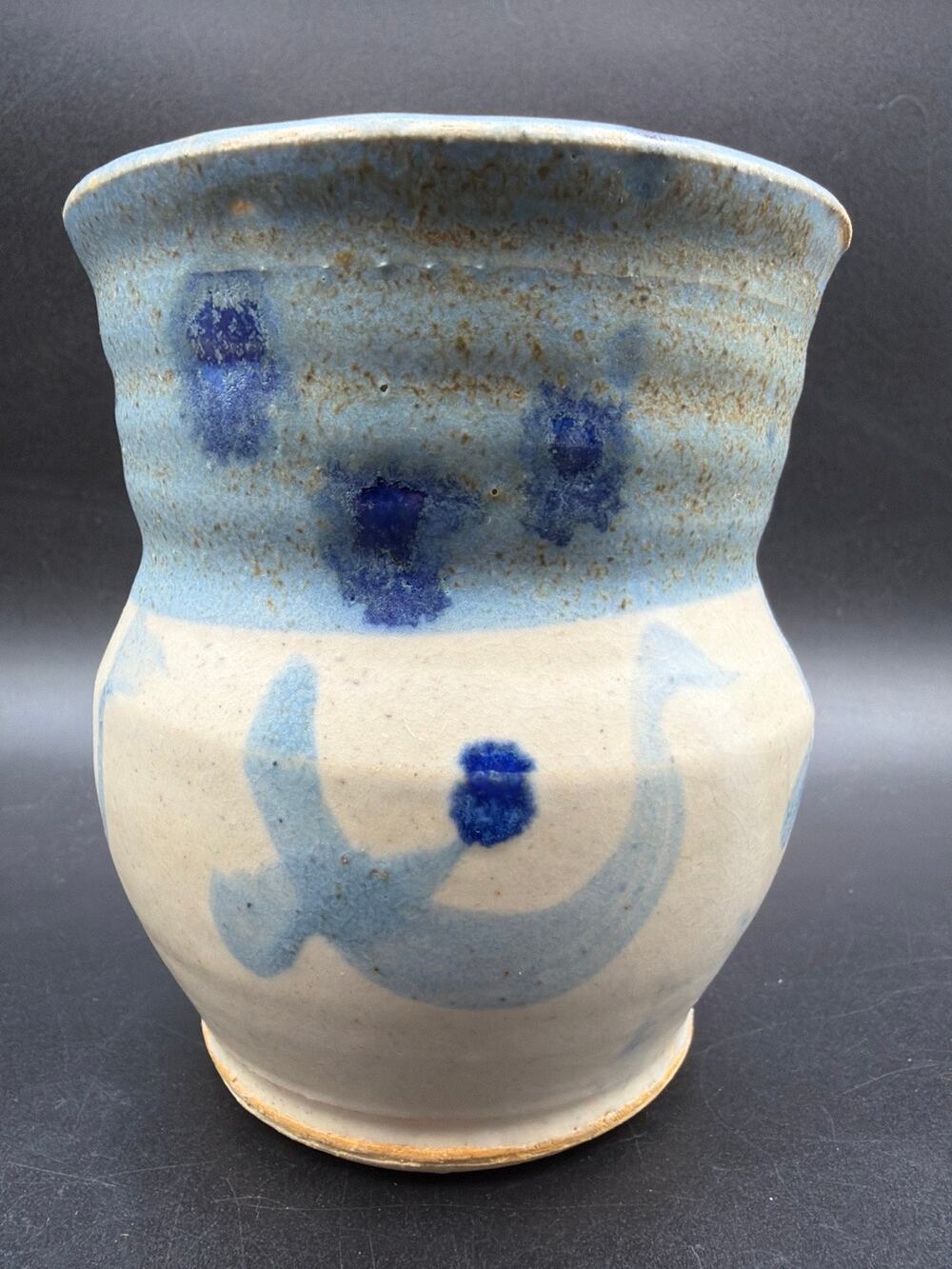 Vintage Studio Pottery Hand Thrown Blue White Art Pottery Vase Crock Signed C9